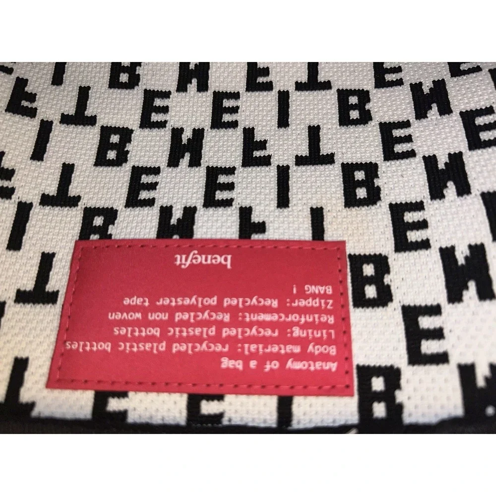 Benefit Cosmetics Black White Knit Monogram Cosmetic Bag Wide Opening